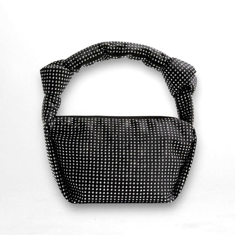 J. CREW Studded Satin Double -Knot Hand Bag Zip Closure Lined Black/Silver